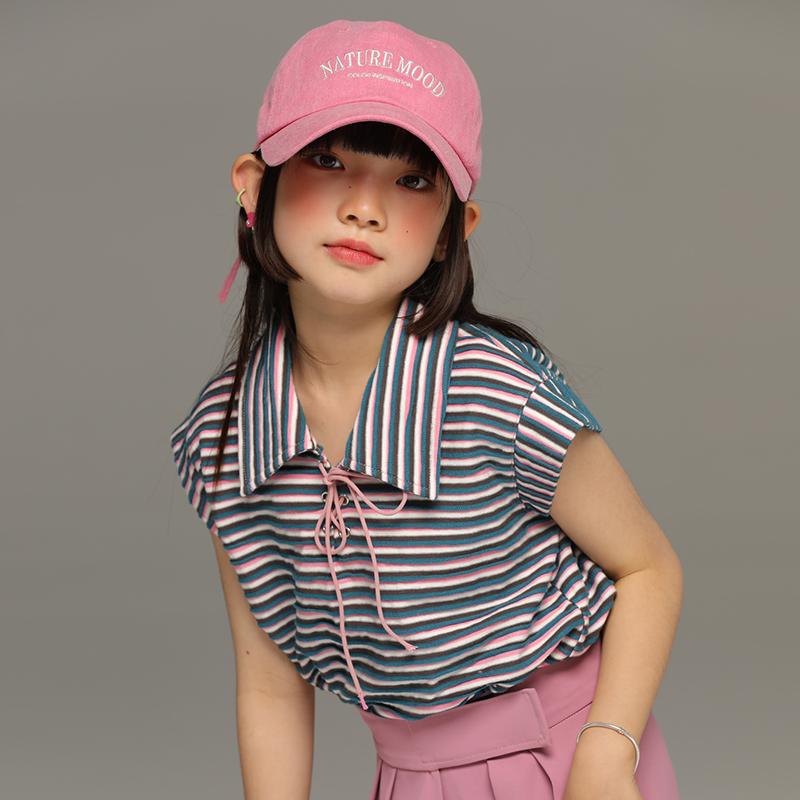 トップス Tシャツ キッズ おしゃれ ナチュラル 小さい 女の子 夏 薄手 小さい フライング スリーブ ストライプ 子供 綿 韓国 半袖