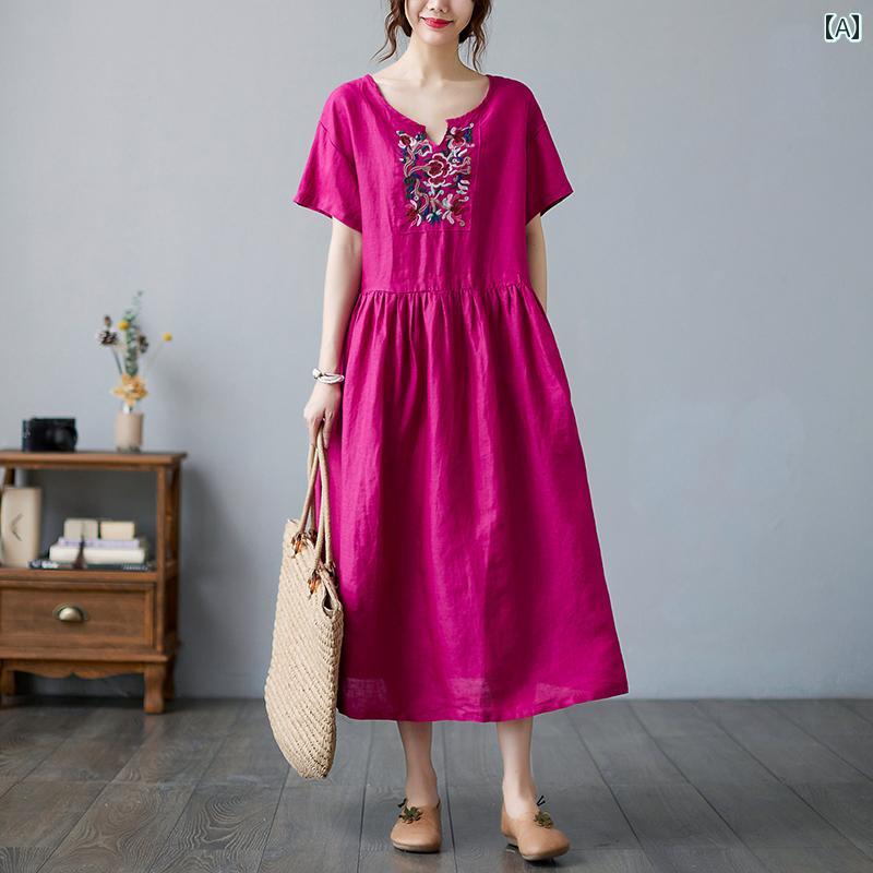 レディース 夏 ワンピース ロング ビーチ リゾート 女性 ミドル丈 刺繍 ドレス サマードレス レトロ 文学 ハイウエスト V ネック 大きい 裾 a ライン スカート