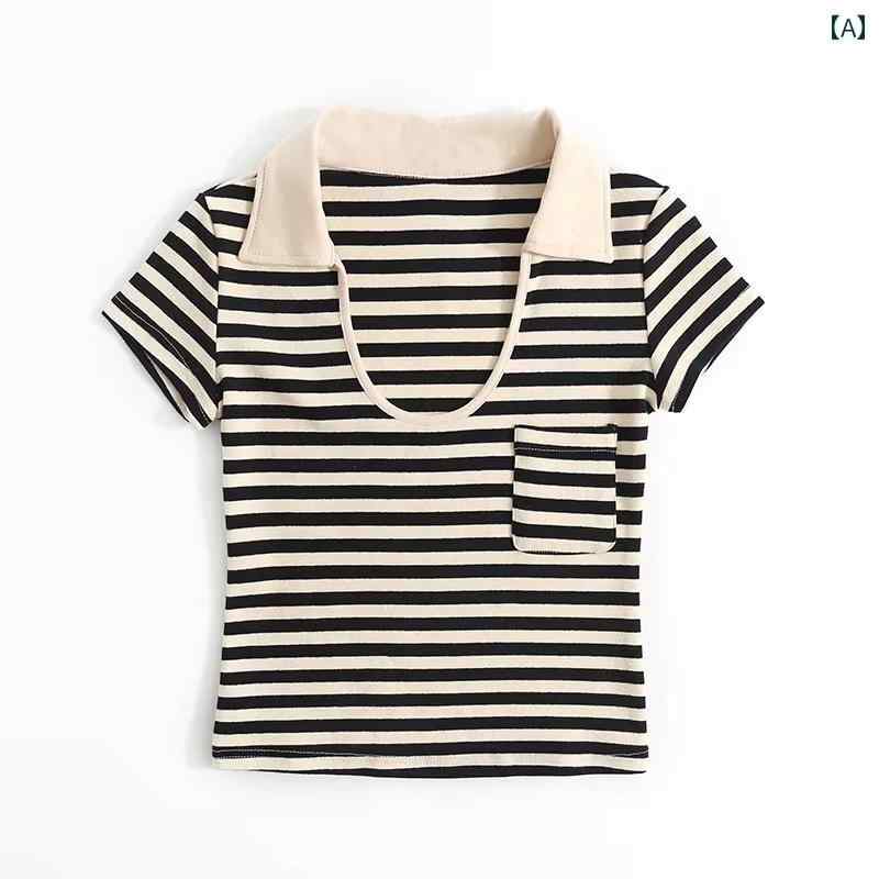 トップス レディース ファッション ビッグ U ネック ストライプ 夏 黒 スリムフィット スクエアネック ニット 半袖 女性