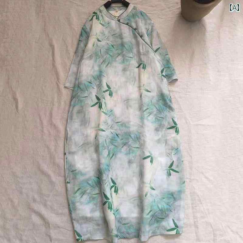 レディース 夏 チャイニーズ スタイル ワンピース おしゃれ 上品 婦人服 中華風 斜め ブレスト ラミー チャイナ ロング スカート リネン ドレス スリム 体型カバー a ライン