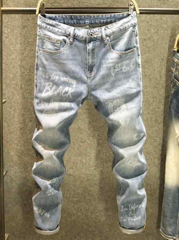 Skinney Pants - メンズ コットン ストレッチ デニム おしゃれ着 Gパン カジュアル プリント パンツ ジーンズ 韓国 スリムフィット ペンシルパンツ ファッション ロング パンツ