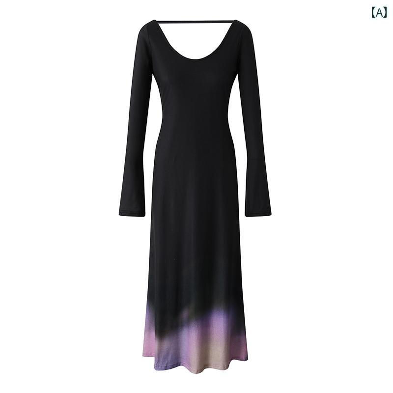 レディース ワンピース グラデーション ニット ロング スカート 春秋 スリム ウエスト V ネック バックレス ドレス