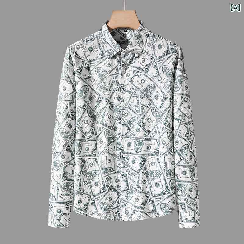 柄シャツ メンズ カジュアル 総柄 紙幣 ドル札 おしゃれ 長袖 春秋 スリム 英国 プリント シャツ 薄手 オールシーズン スリムフィット