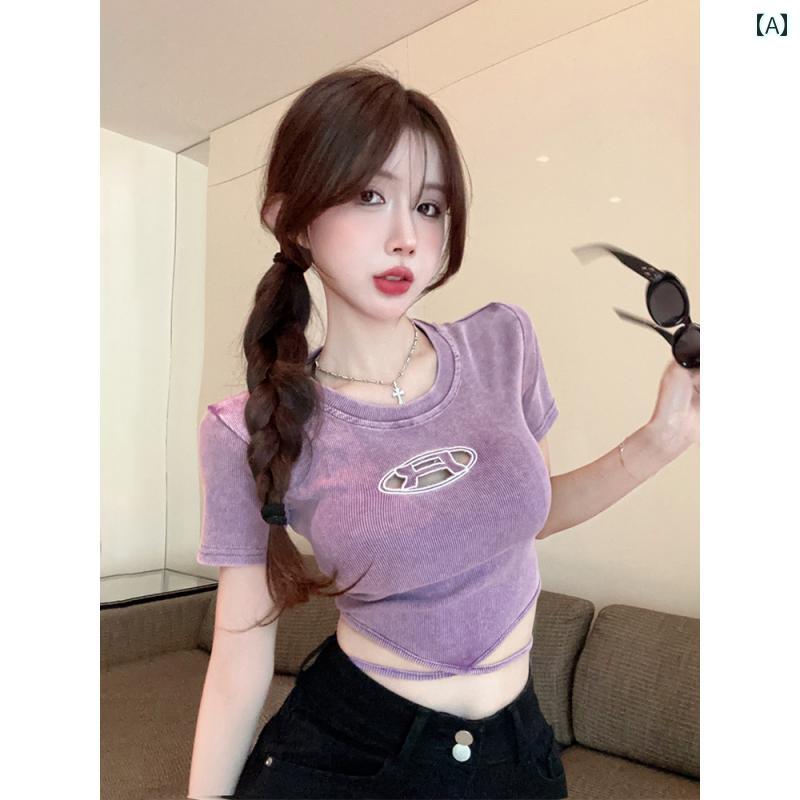 レディース 半袖 ショートトップス Tシャツ お腹見せ セクシー Y2K スリム シンプル カジュアル かわいい おしゃれ 着回し クロップド丈 デート イベント フェス レジャー 普段使い使い