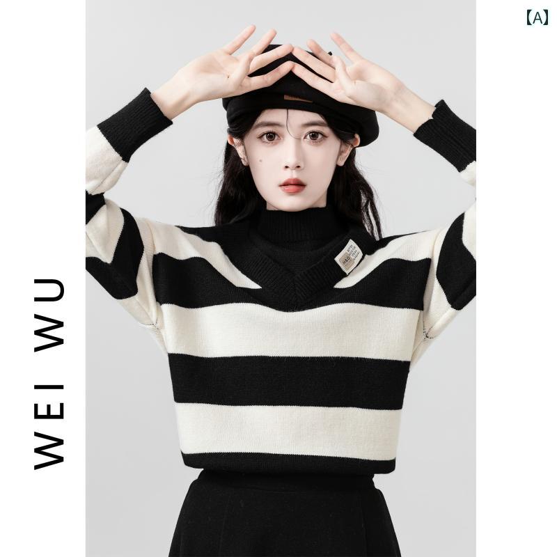 レディース 秋冬 長袖 ボーダーセーター ニットトップス カレッジ ガーリー 韓国 大人かわいい おしゃ..