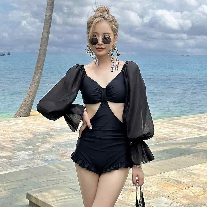 ワンピース 水着 レディース プール ビーチ 海水浴 夏 夏 レディース 温泉 リゾート ウォーター パーク パフスリーブ お腹カバー 長袖 日焼け防止 セクシー ギャザー 胸パッド ワイヤーし