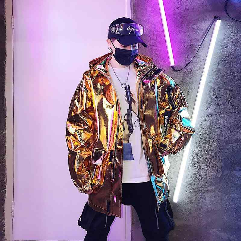 明るい シルバー ワークジャケット メンズ 春 リボン カップル ジャケット パフォーマンス ヒップホッ..