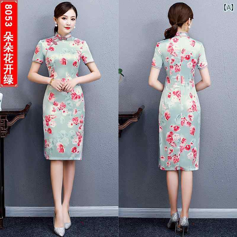 レディース チャイナ ドレス かわいい パフォーマンス 撮影 衣装 レース ミドル丈 古 中華風 スリム