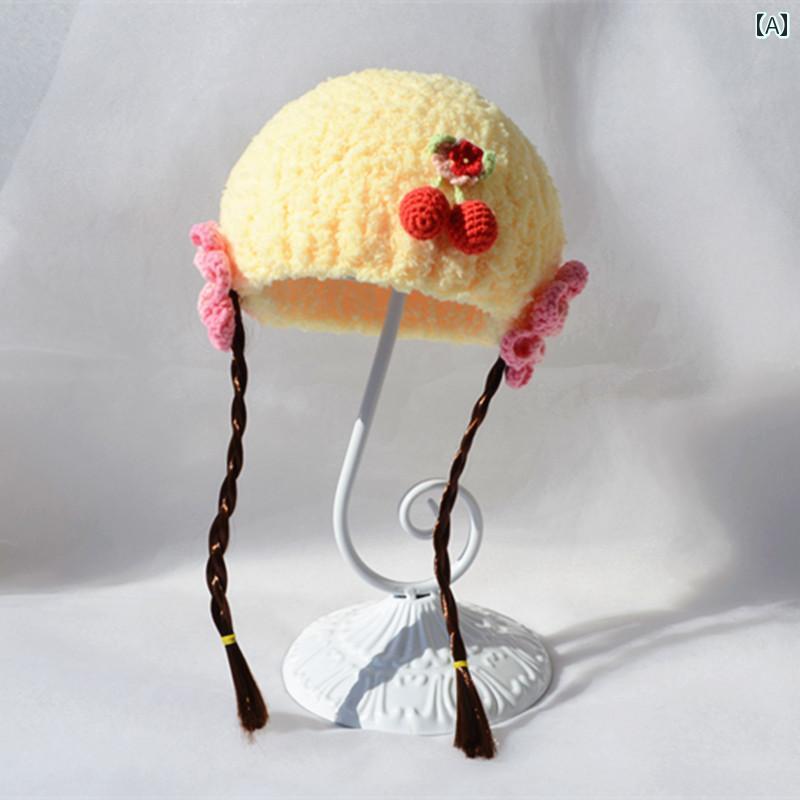 女の子 赤ちゃん 帽子 秋冬 韓国 ベビー ウィッグ キャップ かわいい チェリー 手織り ニット 三つ編み..