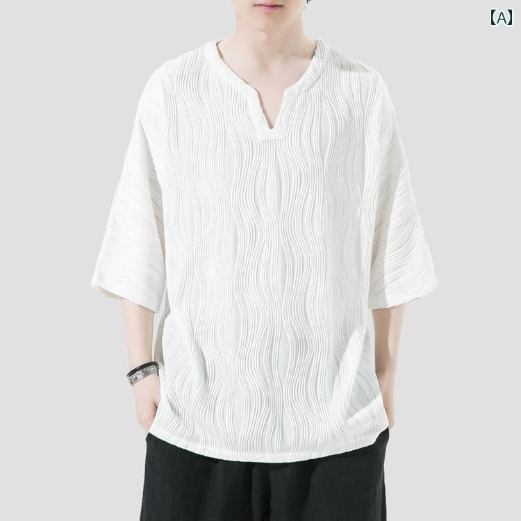 メンズ 夏 T シャツ トップス チャイナ風 リネン V ネック 大きめ サイズ 唐 スーツ レトロ 綿 服