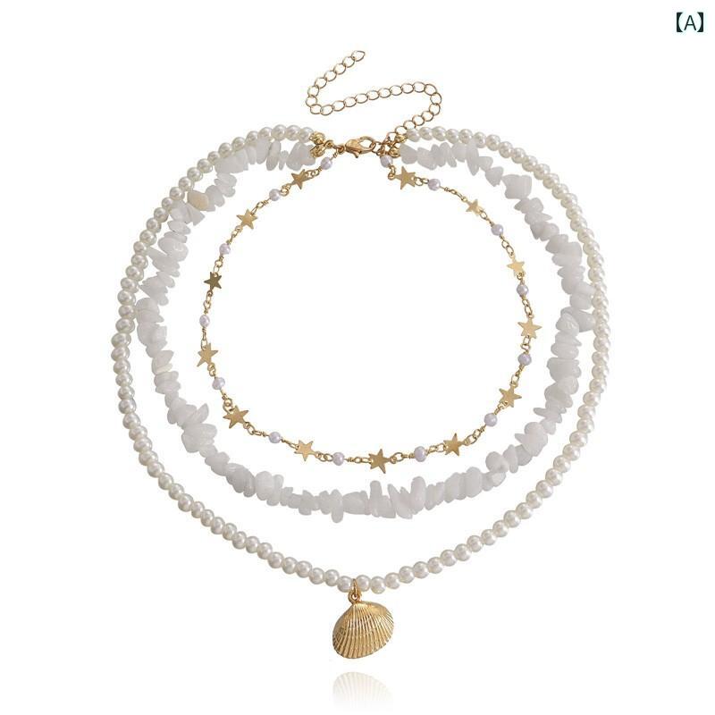 レディース ネックレス アクセサリー 水着 ビキニ サマー ビーチ プール エスニック 三層 パール 不規則 石 砂利 五芒星 スカラップ ペンダント