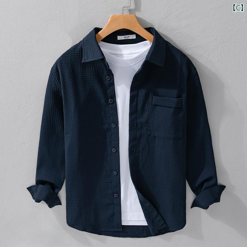 トップス シャツ コート シャツ メンズ ワッフル テクスチャー 長袖 春秋 白 シングル ポケット 快適 カジュアル 男性用