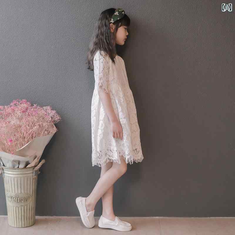 子供服 ワンピース キッズ 女の子 かわいい プリンセス ファッション ホワイト Aライン 丈 スカート 夏 レース フレンチ フェミニン