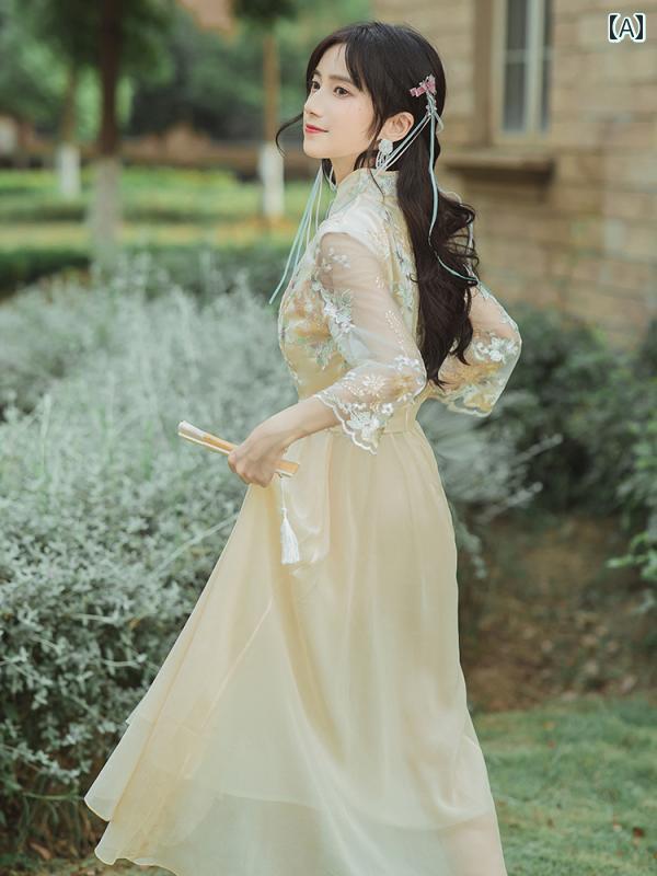 チャイナドレス 撮影衣装 レディース 婦人服 ワンピース ドレス レトロ フリル シフォン 中国 フェアリー 夏