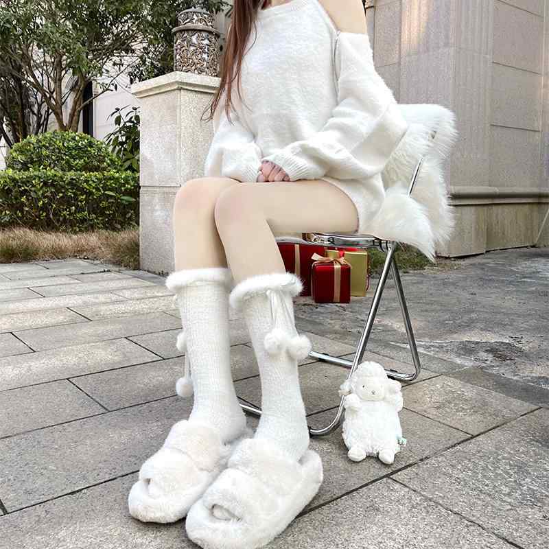 靴下 かわいい ふくらぎ 靴下 レディース 秋冬 ボールファー レース ブーツ JK ふくらぎ 靴下