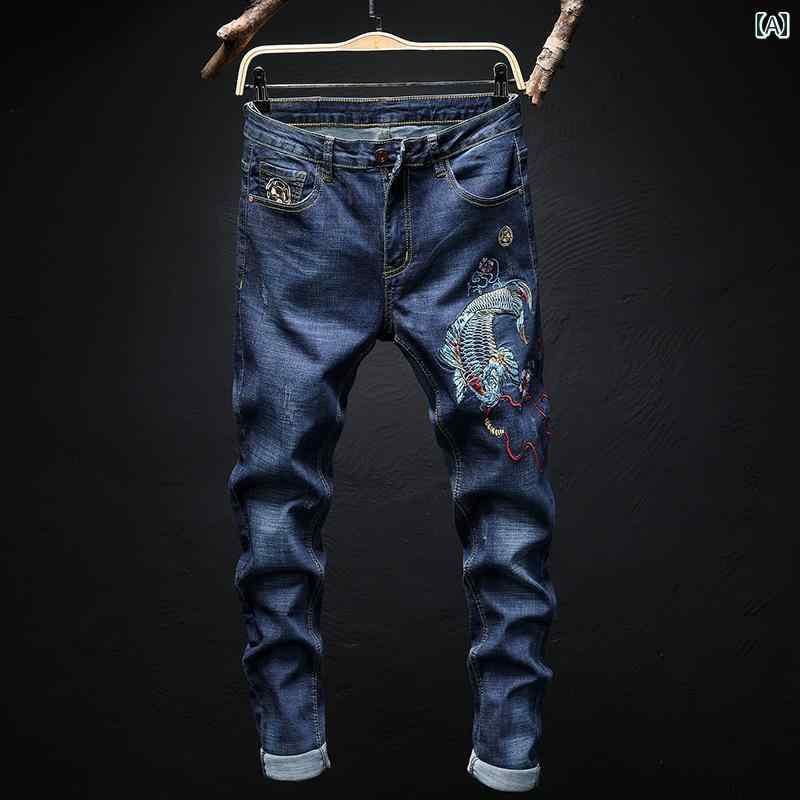 Skinney Pants - デニムパンツ スキニー 鯉 刺繍 ジーンズ メンズ スリム フィット カジュアル ロング パンツ ストレッチ デニム オールシーズン ウォッシュ加工 ストレート