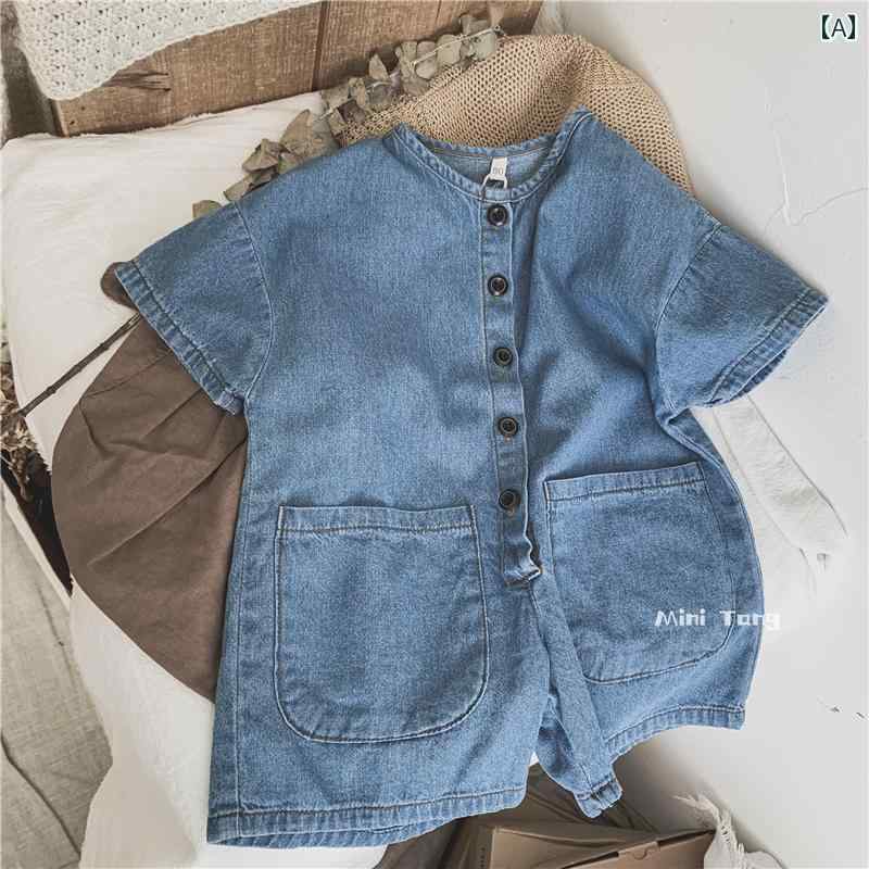 Occidental Goods - パンツ 子供服 ソフトデニム 韓国 東 大門 子供用 半袖 ジャンプ スーツ ショート メンズ レディース ベビー ジャンプ スーツ 夏