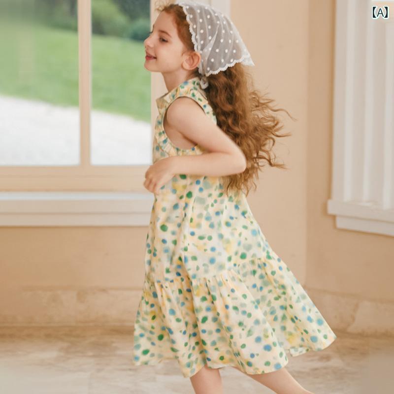 ドレス スカート キッズ ワンピース おしゃれ かわいい 女の子 子供服 夏 耳 裾 ノースリーブ コットンスカート 子供 フレンチ 花柄