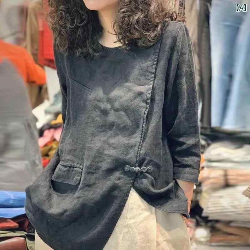 レディース カジュアル 夏 シャツ トップス おしゃれ お母さん 普段使い 婦人服 エスニック 文学 コットンリネン 女性 七分袖 不規則 リネン プルオーバー チャイナ ボタン アップ T