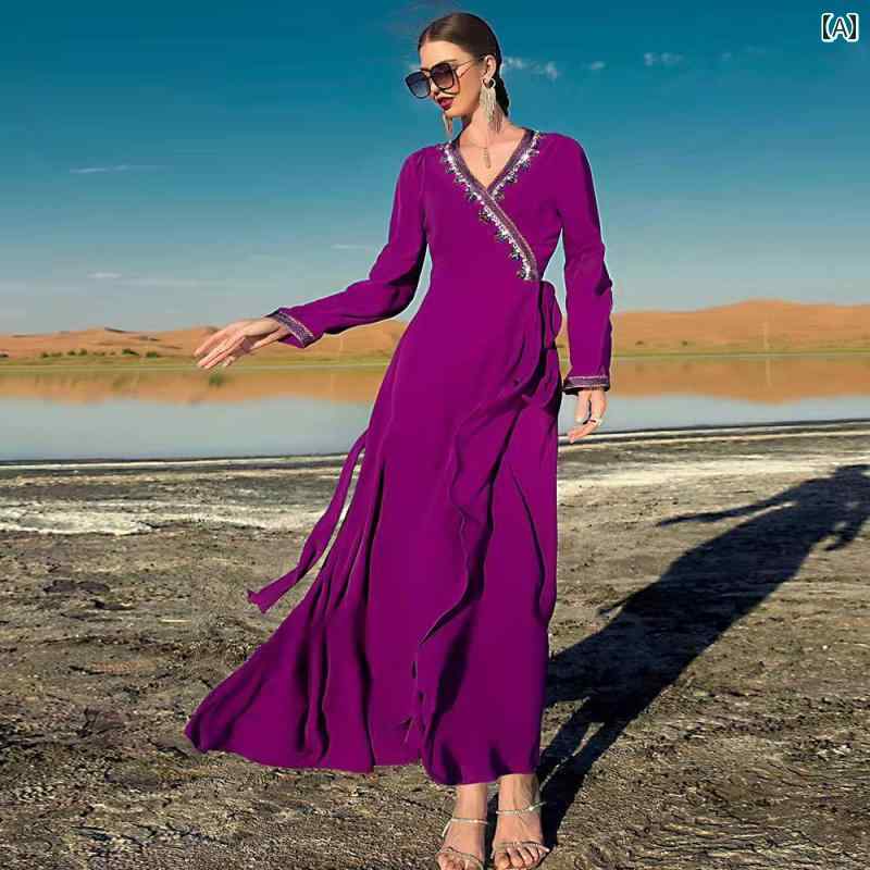 エスニック ドレス ワンピース レトロ Vネック プルオーバー 裾広がりタイプ 夏 ロングスカート ステッチ