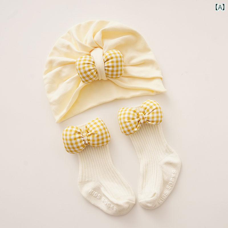 ターバンキャップ 新生児 ベビー 帽子 写真撮影 頭部保護 女の子 靴下 セット おしゃれ リボン プルオーバー ハット キャップ インディアンハット