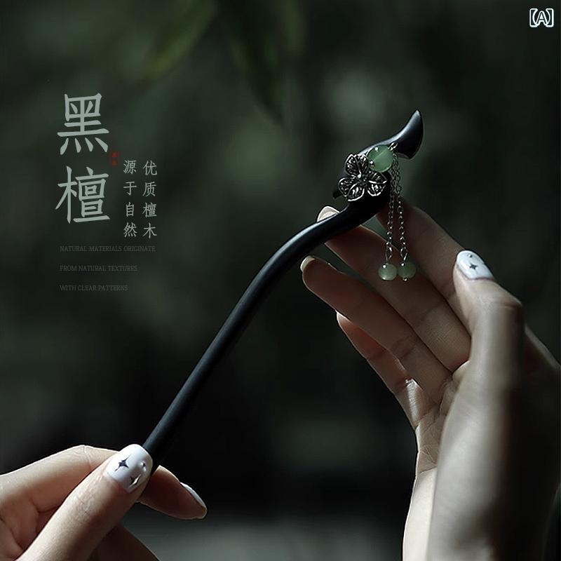 かんざし レディース ヘアアクセサリー 簪 エスニック 髪飾り 黒 サンダルウッド ヘアピン チャイナ風 タッセル レトロ デイリー 木 レディース アクセサリー