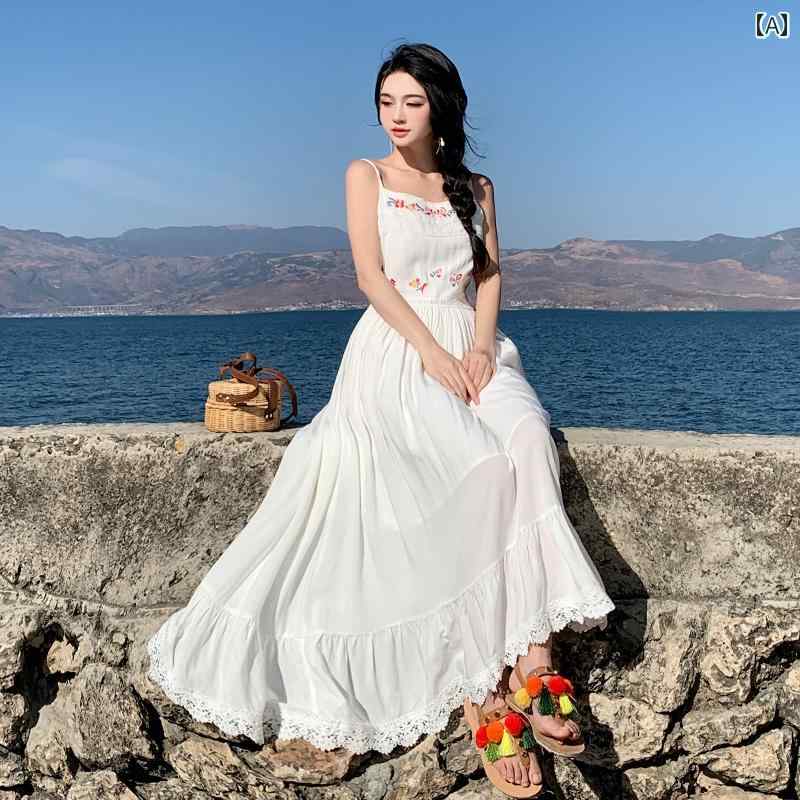 レディース 夏 リゾート ワンピース ビーチ 旅行 写真撮影 衣装 服 女性 エスニック 白 刺繍 体型カバー サスペンダー ドレス