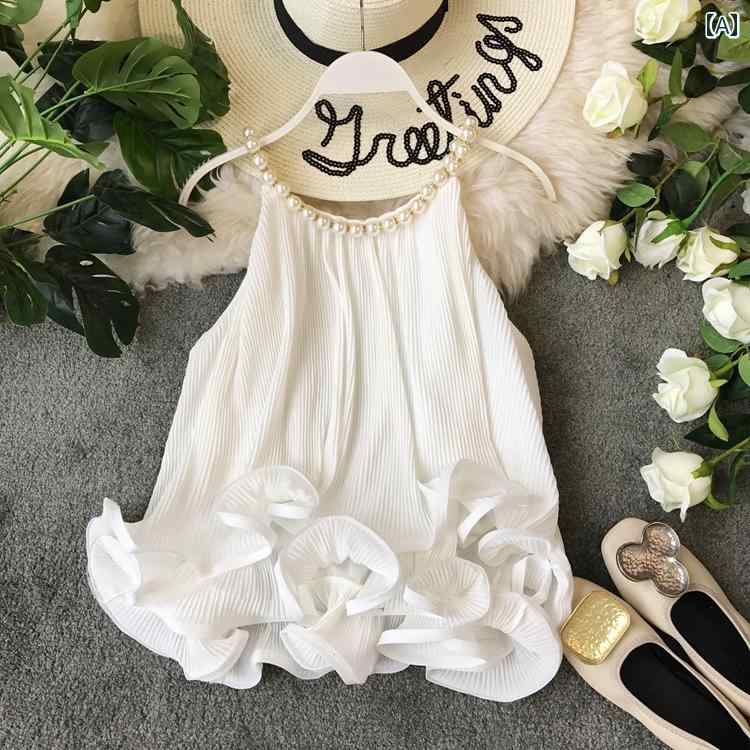 レディース ホルターネック パール 装飾 ベスト ロールエッジ シフォンシャツ フリル 裾 ベビー ドール ノースリーブトップス