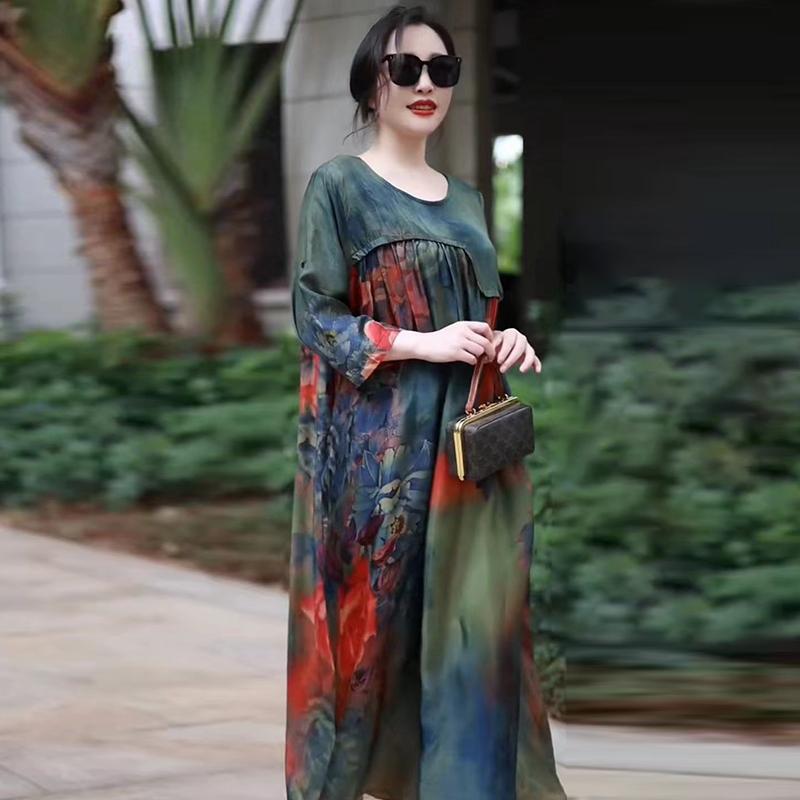 マザー ドレス 上品 レディース 婦人服 大きめサイズ レトロ プリント ドレス 夏 ゆったり 大きめ エスニック ロング スカート ラウン..