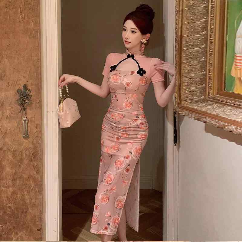 チャイナドレス おしゃれ レディース ファッション パーティー 女の子 レトロ メッシュ プリント 妖艶 スリム チャイナ風 ドレス 夏 トラディショナル 花柄