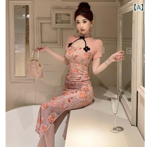 チャイナドレス おしゃれ レディース ファッション パーティー 女の子 レトロ メッシュ プリント 妖艶 スリム チャイナ風 ドレス 夏 トラディショナル 花柄