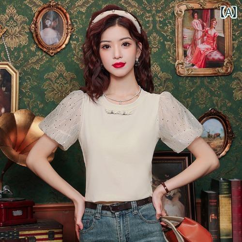 レディース 夏 トップス シャツ 大人 かわいい ガーリー サマー 婦人服 快適 シフォン パフスリーブ 半袖 T 女性 おしゃれ シック ショート