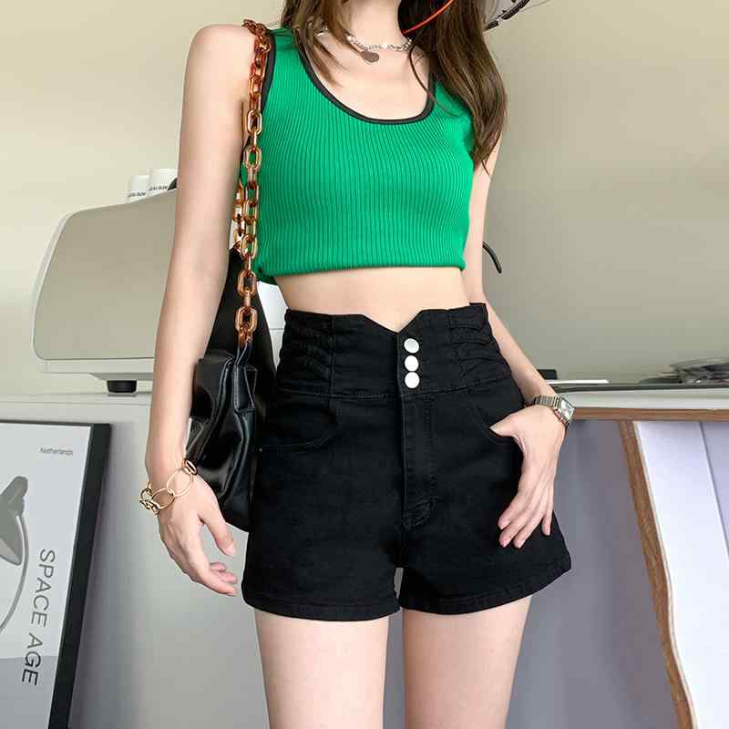 Cropped Pants - パンツ デニム レディース 女性 ブラック デニムショートパンツ 夏 ハイウエスト スリム ワイド レッグ a ライン ショート ホット 夏 薄手