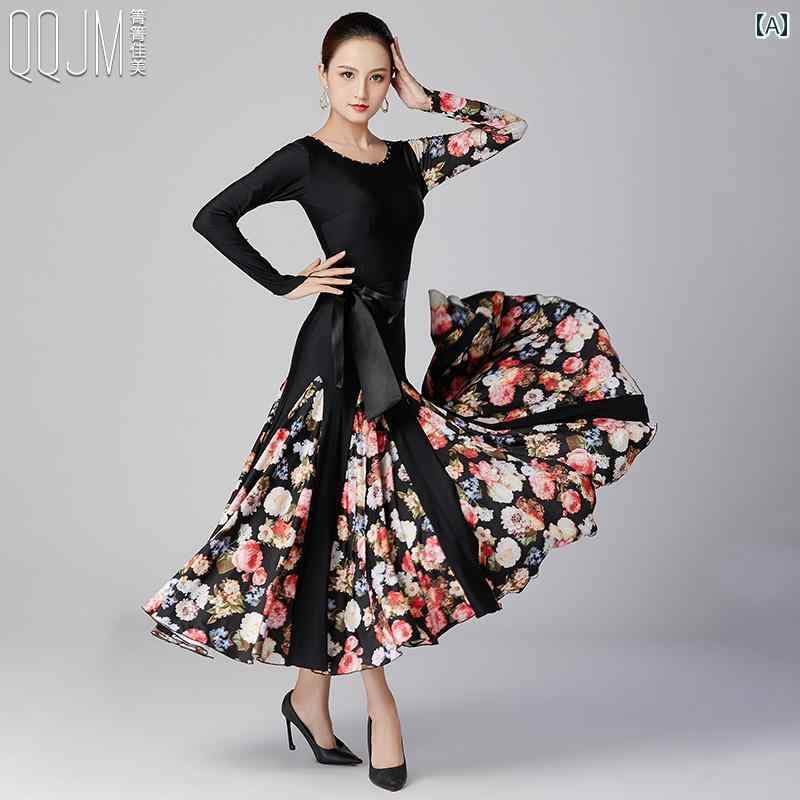 レディース 社交 ダンス 衣装 ワンピース ドレス モダン スカート ソーシャル ワルツ 長袖 花柄 パフォーマンス 服