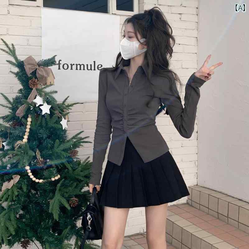 長袖 Vネック シャツ レディース スリムフィット 魅惑 トップス ギャル 高校生 かわいい ミニスカート 制服 スタイリッシュ