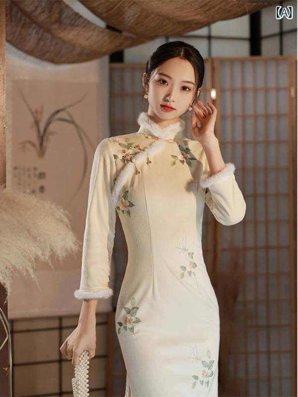 チャイナドレス 美しい 撮影 衣装 チャイナ ドレス 秋冬 スリム レトロ 民族風 裏起毛 厚手 中華風