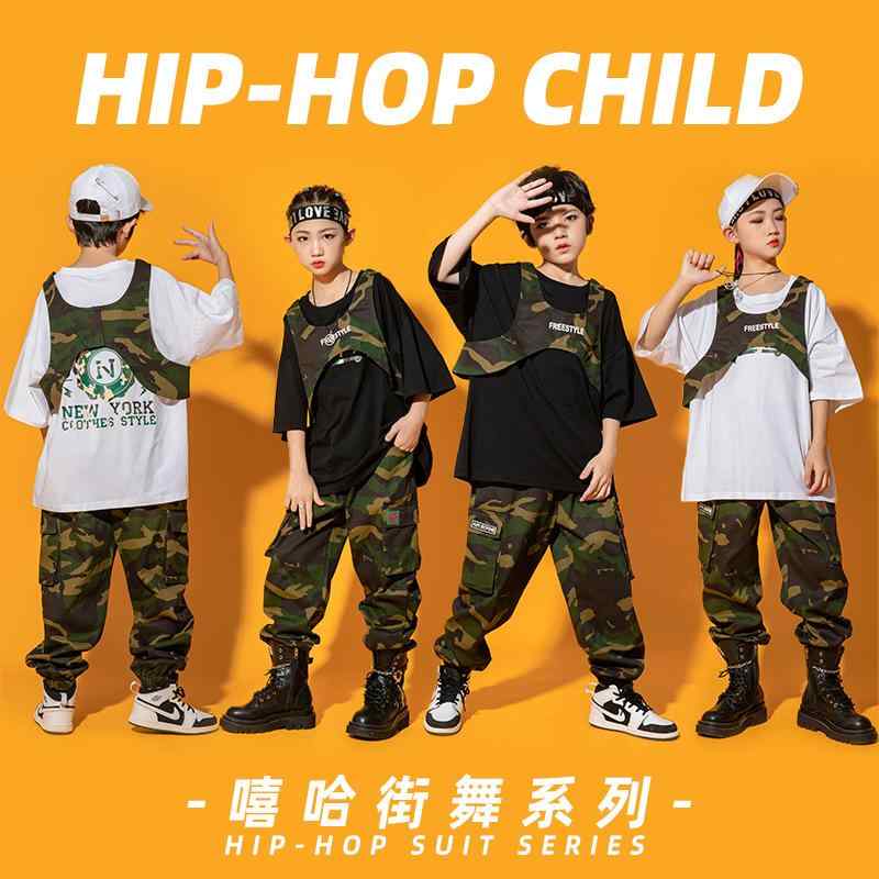 Top & Bottom Sets - 子供服 女の子 男の子 Tシャツ 迷彩パンツ 夏 コスチューム バンド ダンス ヒップホップ ストリート系 パフォーマンス 衣装 クール かっこいい キッズ