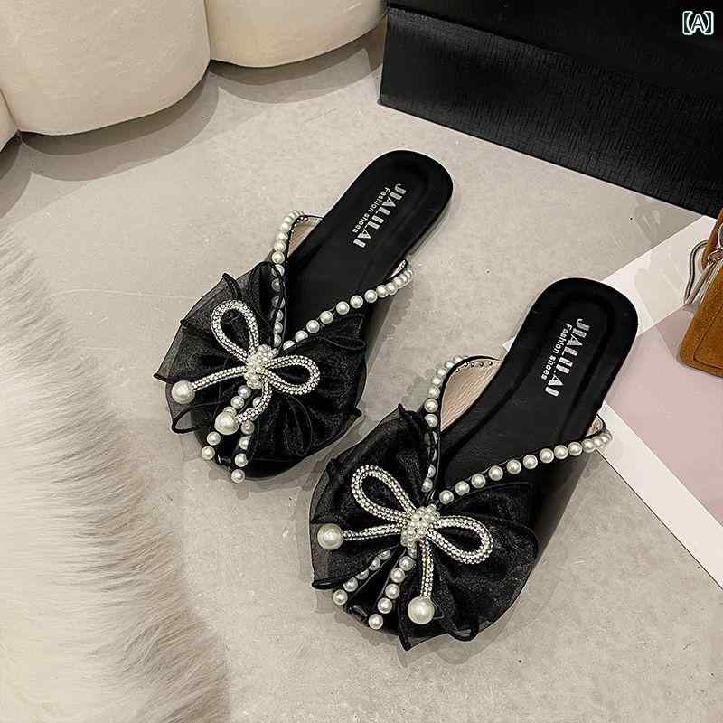 レディース 夏 ハーフ スリッパ 包頭 アウターウェア 韓国 ボウ フェアリー 風 魚口 サンダル