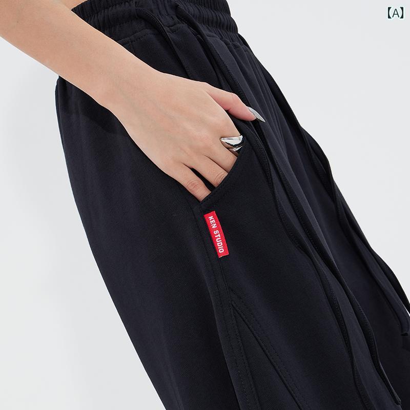 レディース 夏 カジュアル パンツ スウェット リラックス ズボン ボトムス 春 黒 薄手 バナナ 床丈 ワイド