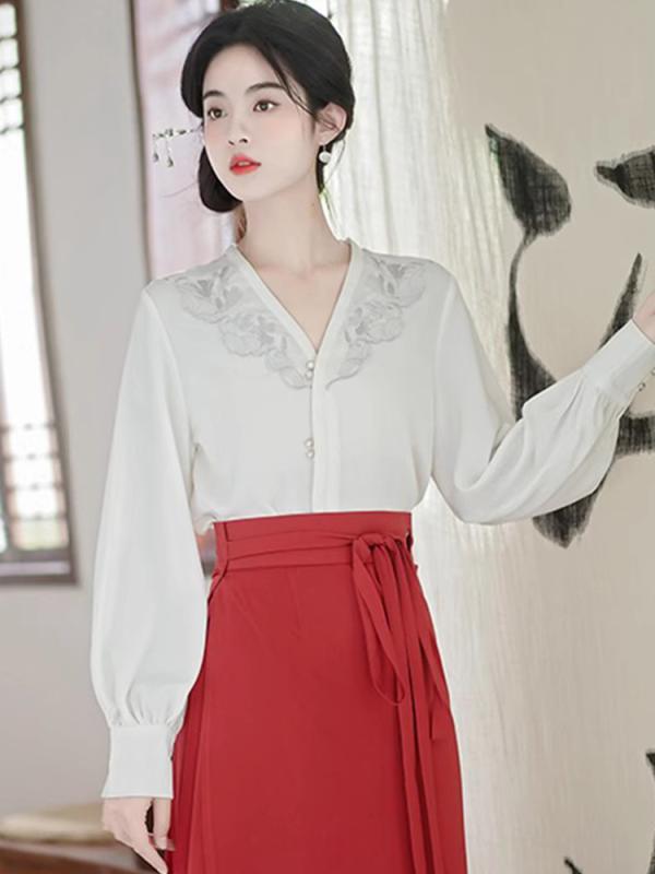 ロングスカート シャツ 白 中国風 漢服 Vネック トップス 長袖 刺繍 レディース エスニック プルオーバー セットアップ