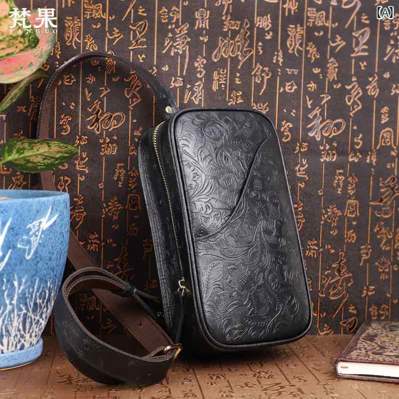 メンズ カジュアル レトロ レザー チェスト バッグ 牛革 シングル ショルダー 斜め 小型 バック パック