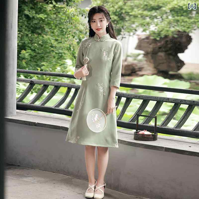 レディース チャイナドレス おしゃれ ワンピース コスプレ 写真撮影 緑 刺繍 親子 上品 洗練 中華風 ドレス 女性 レトロ 秋冬