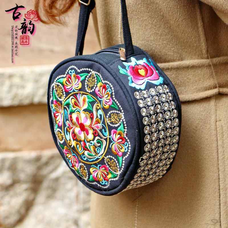 バッグ エスニック おしゃれ 刺繍 バッグ レトロ キャンバス カジュアル ラウンドバッグ レディースバッグ 精巧 ワンショルダー クロスボディバッグ