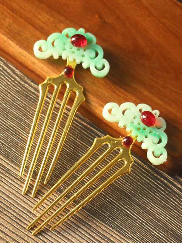 レトロ ヘアアクセサリー レトロ 頭飾り 魚 ドラゴン 柄 フェイク 翡翠 ペンダント コーム 漢服 宮殿 ..