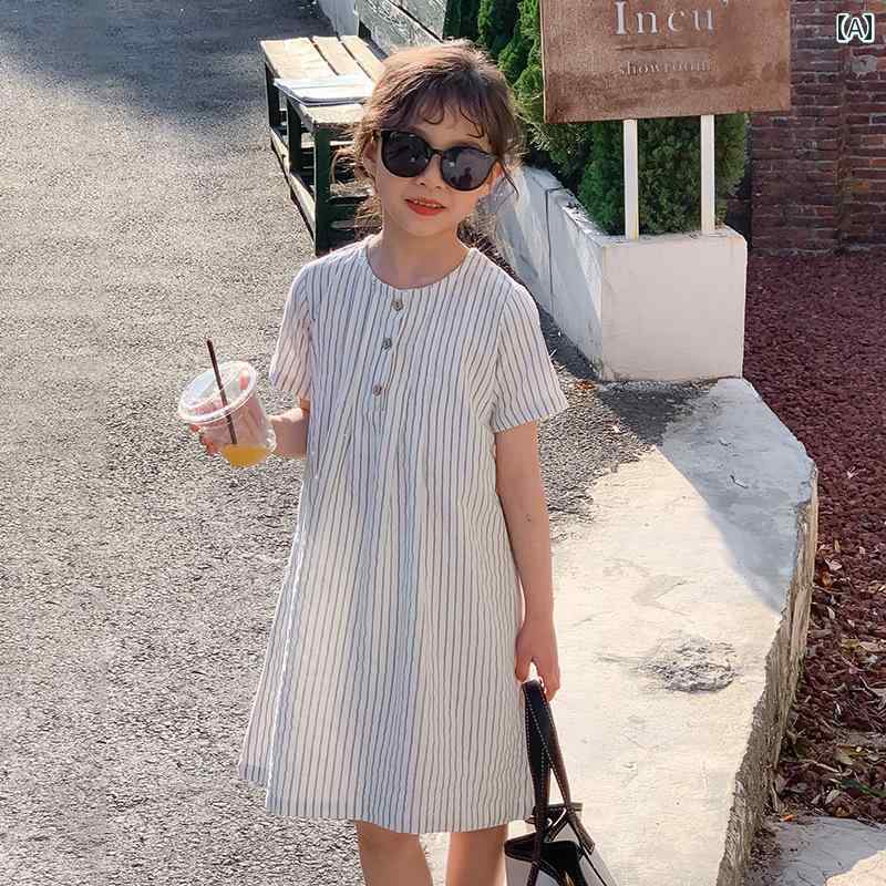夏 ワンピース かわいい 女の子 ガールズ ドレス 中大 子供 文学 牧歌的 西洋 ストライプシャツ スカート