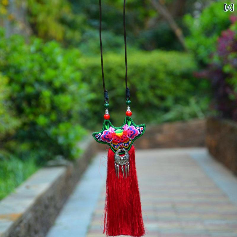 ネックレス エスニック ボヘミアン レトロ ロング 刺繍 植物柄 セーター チェーン ペンダント アクセサリー ファッション