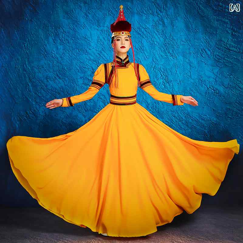 モンゴル ローブ レディース 360度 スカート レディース 大人 スタンドカラー ロング ダンス 衣装 プライベート ポリエステル イエロー パフォーマンス