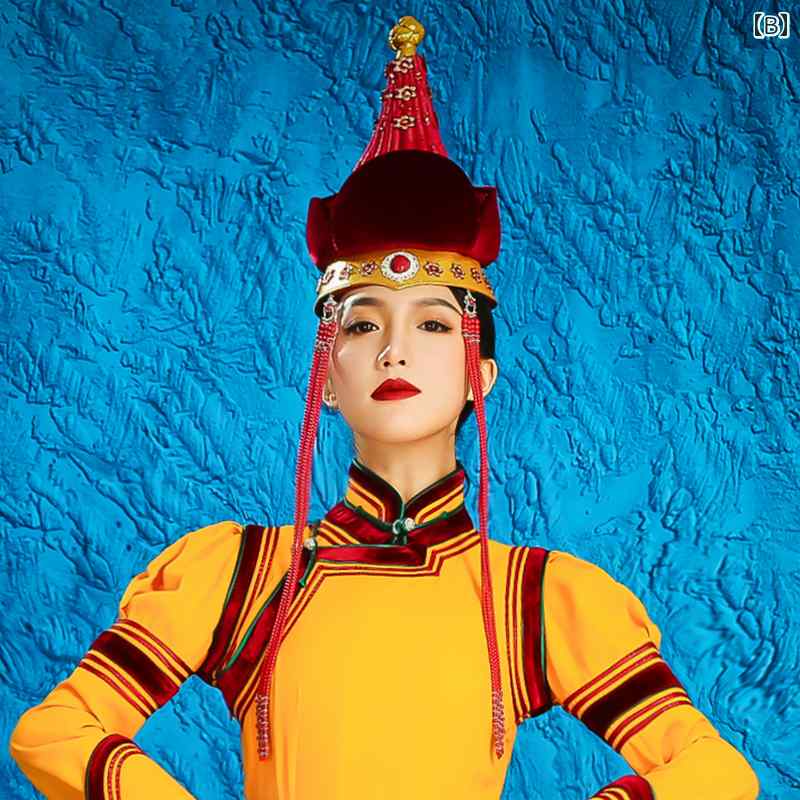 モンゴル ローブ レディース 360度 スカート レディース 大人 スタンドカラー ロング ダンス 衣装 プライベート ポリエステル イエロー パフォーマンス