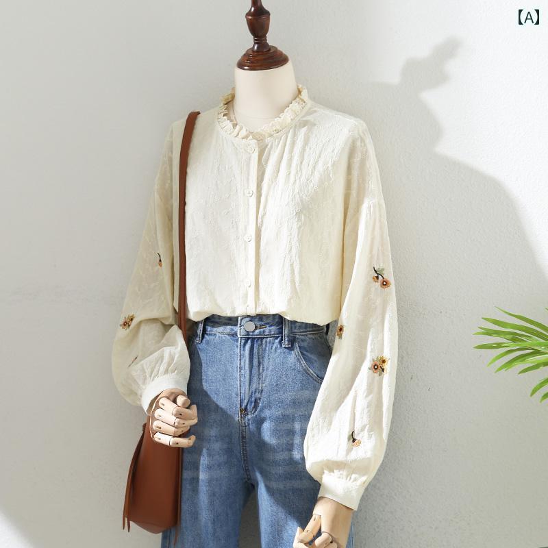 Rakuten - レディース シャツ レトロ キノコ エッジ 小さい スタンドカラー 刺繍入り 長袖 アプリコット 女性用 秋 通勤 シック トップス
