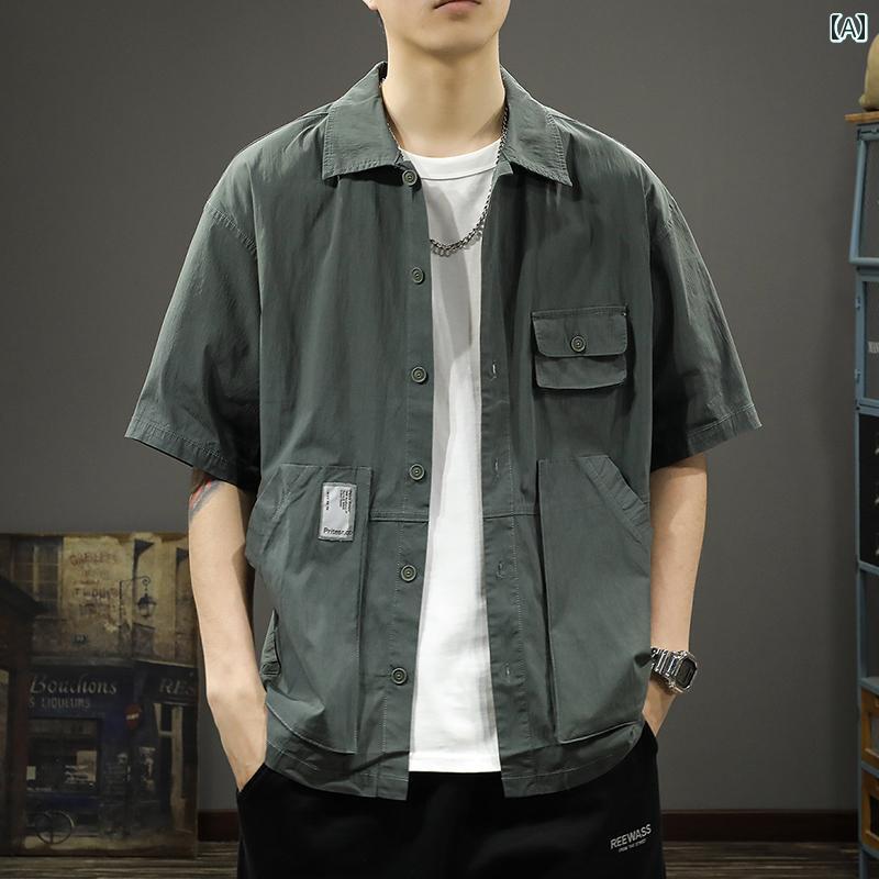 メンズ トップス シャツ アウトドア 紳士服 メンズ シャツ ジャケット 春 アメリカン レトロ 半袖 ゆったり 大きめサイズ ワークシャツ
